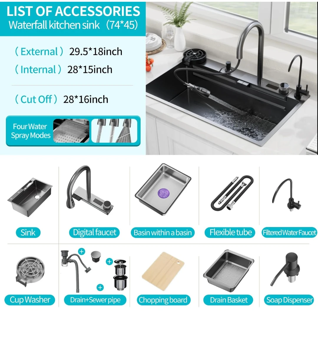 Waterfall Kitchen Sink Package with Faucet, 29.5×18×9 - photo 2