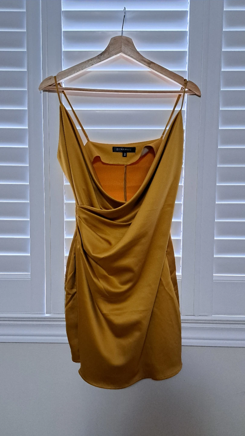 Dynamite Gold Satin Cowl Neck Ruched Mini Dress