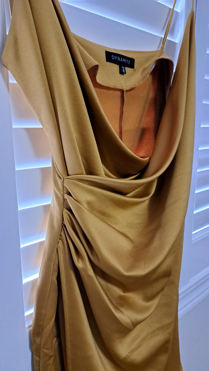 Dynamite Gold Satin Cowl Neck Ruched Mini Dress - photo 2