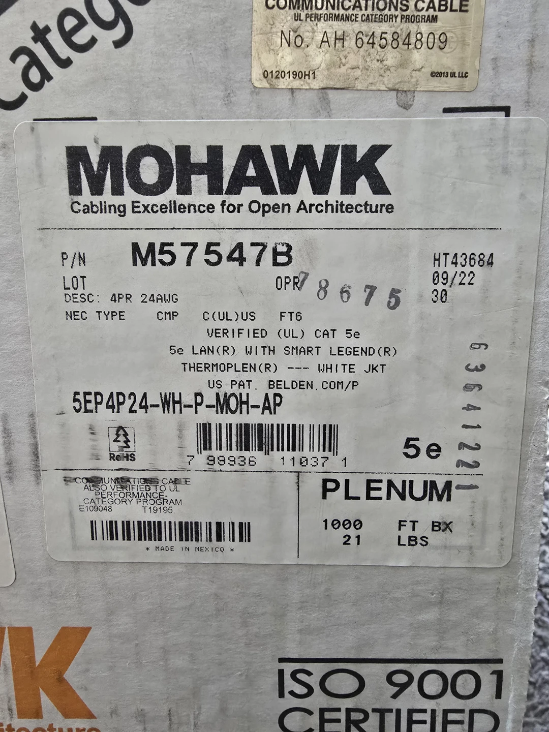 Mohawk / Belden - M57547B-1000FEET - 5e LAN Plenum, White - photo 4