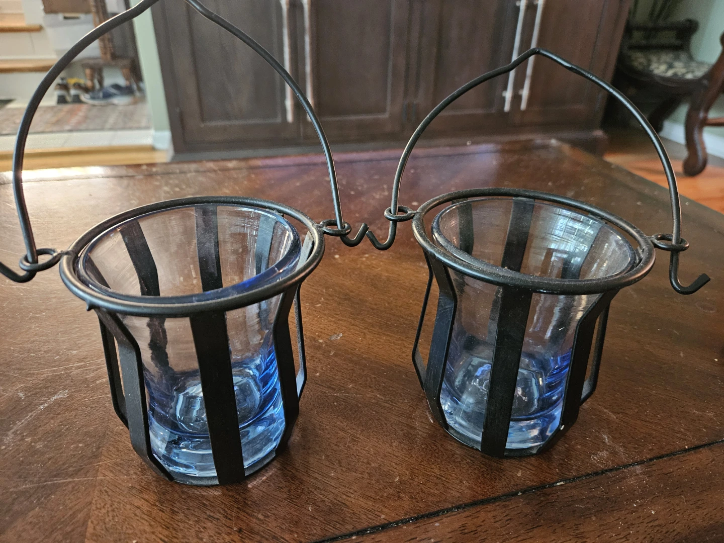 Set of 2 Blue Glass and Metal Lantern Candle Holders