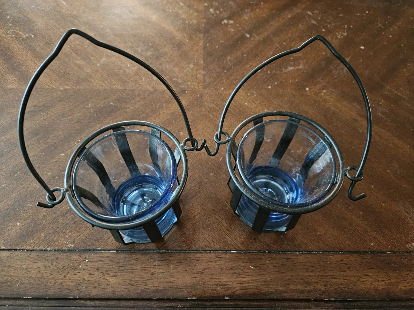 Set of 2 Blue Glass and Metal Lantern Candle Holders - photo 2