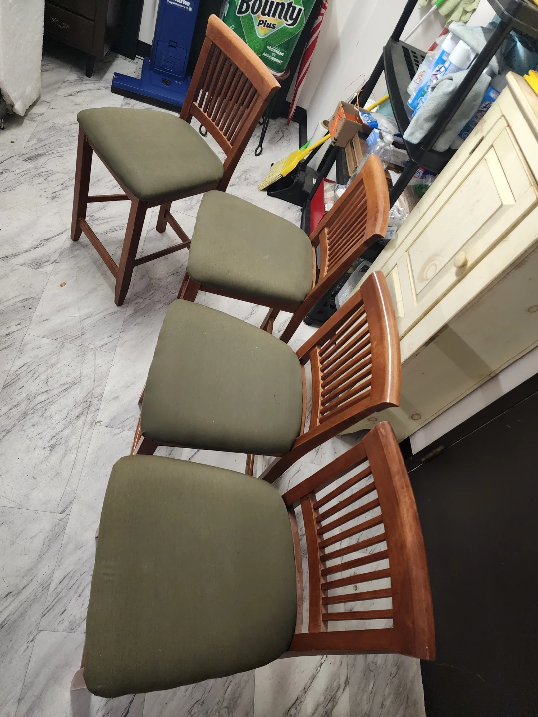 Set of 4 Wooden Bar Stools with Green Upholstery