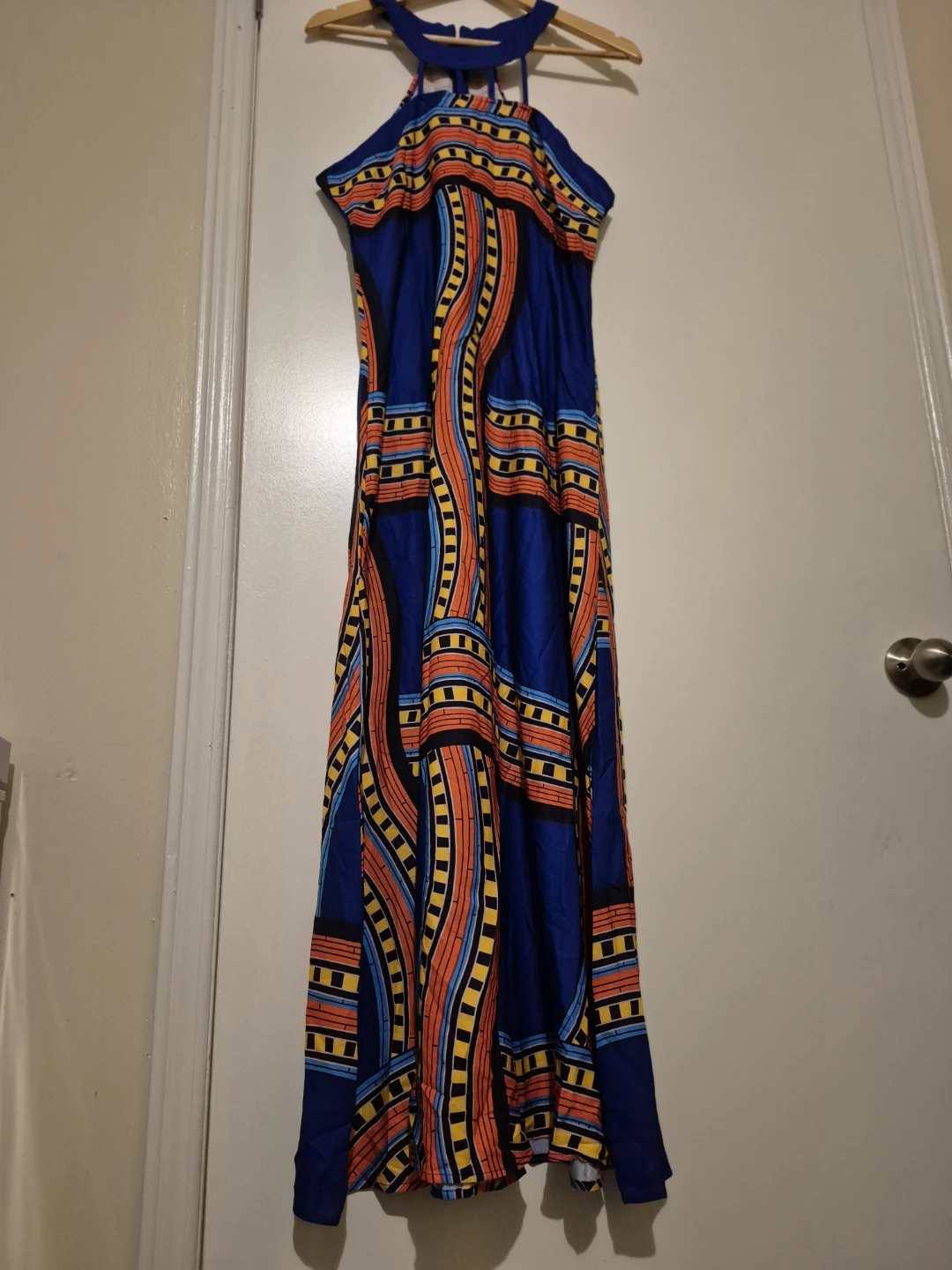 Blue Halter Neck Maxi Dress with Geometric Print