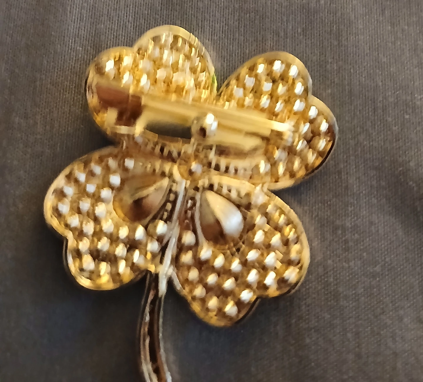 Gold Tone Four Leaf Clover Brooch with Green Crystals - photo 3