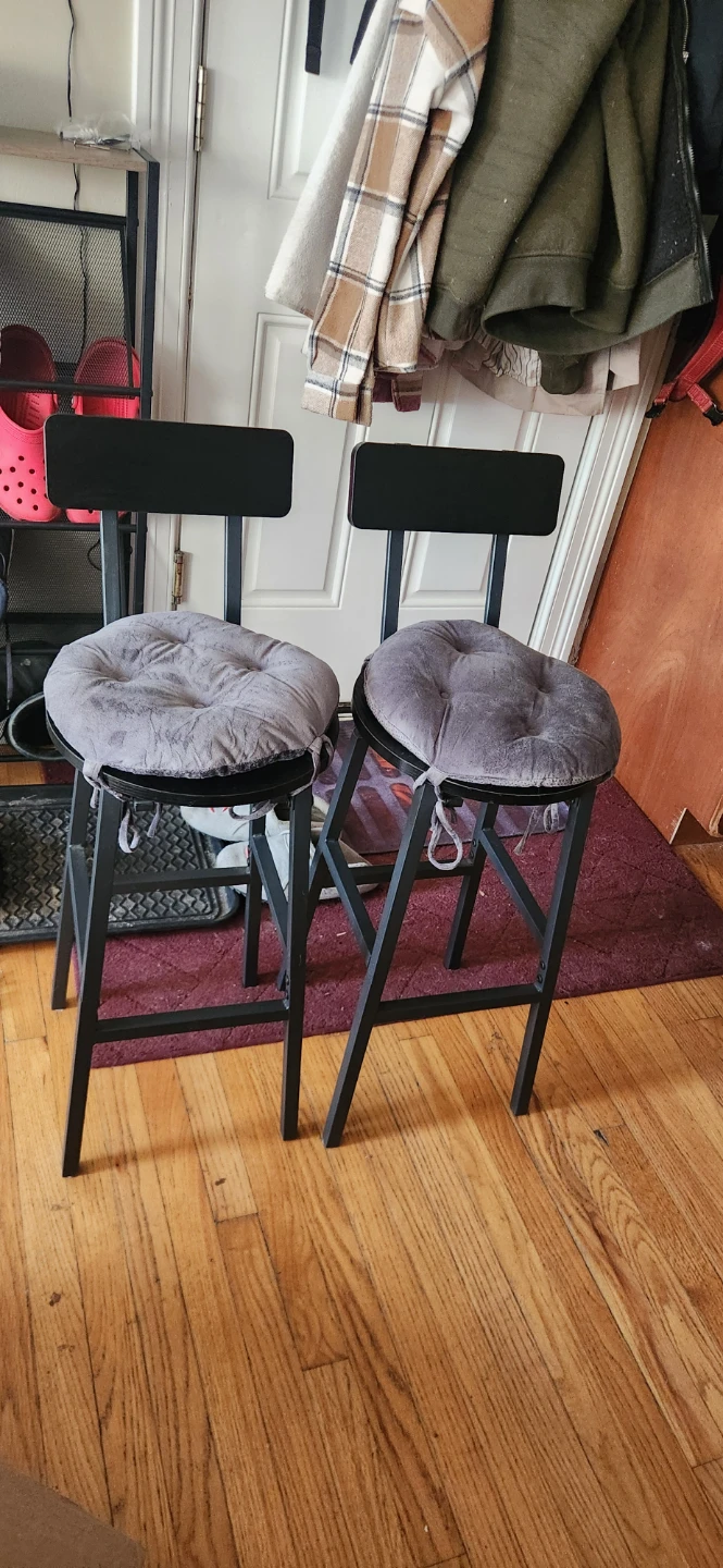 Set of 2 Black Bar Stools with Gray Cushions
