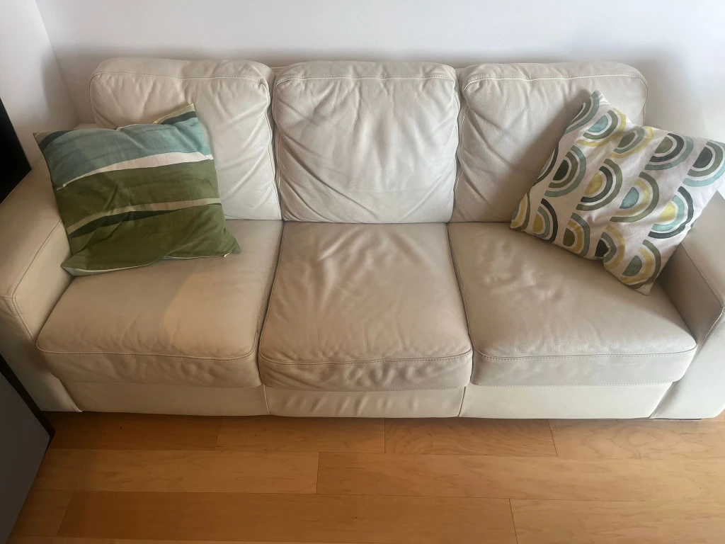 Cream Leather 3-Seater Sofa with Cushions