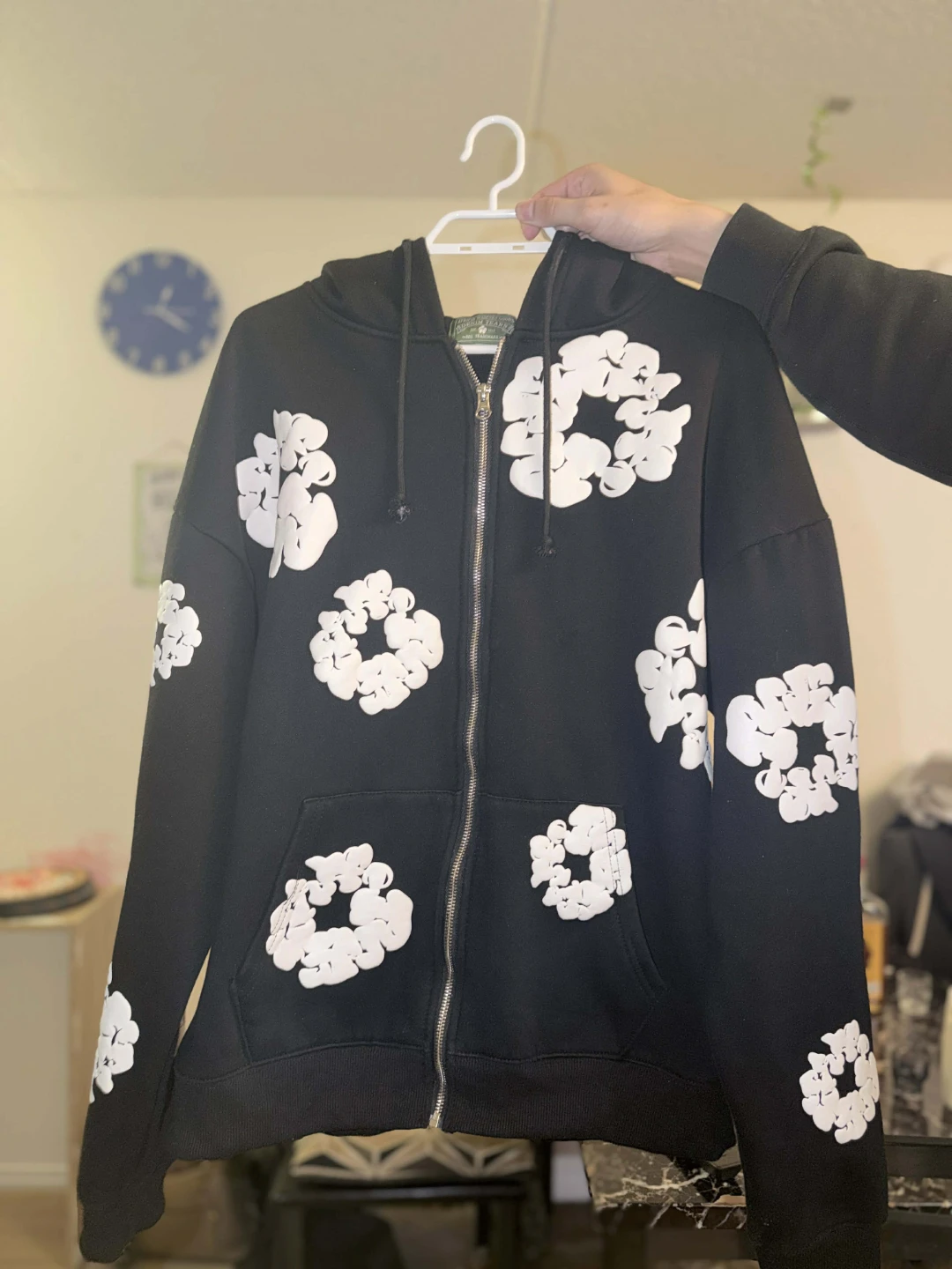 Black Zip-Up Hoodie with White 4 Leaf Clover Pattern