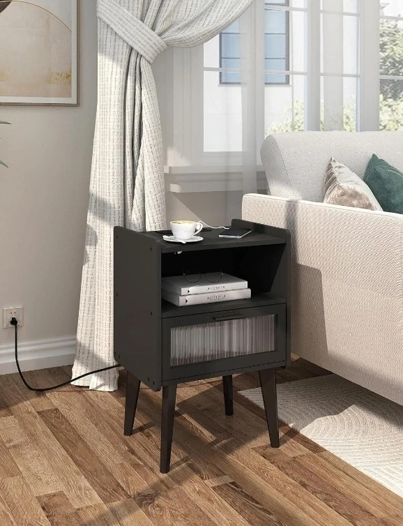 Black Nightstand with Charging Station