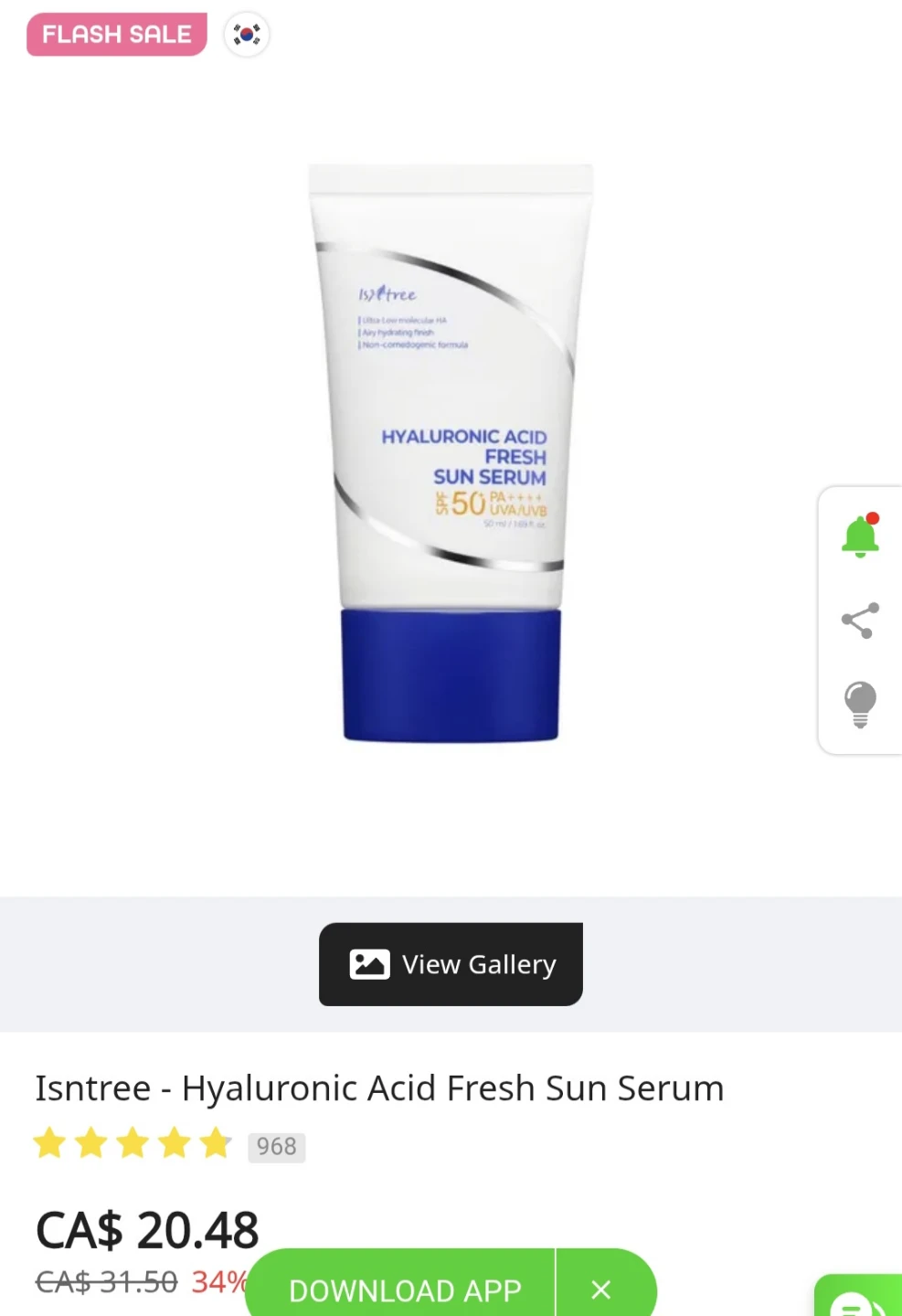 Isntree Hyaluronic Acid Fresh Sun Serum SPF 50