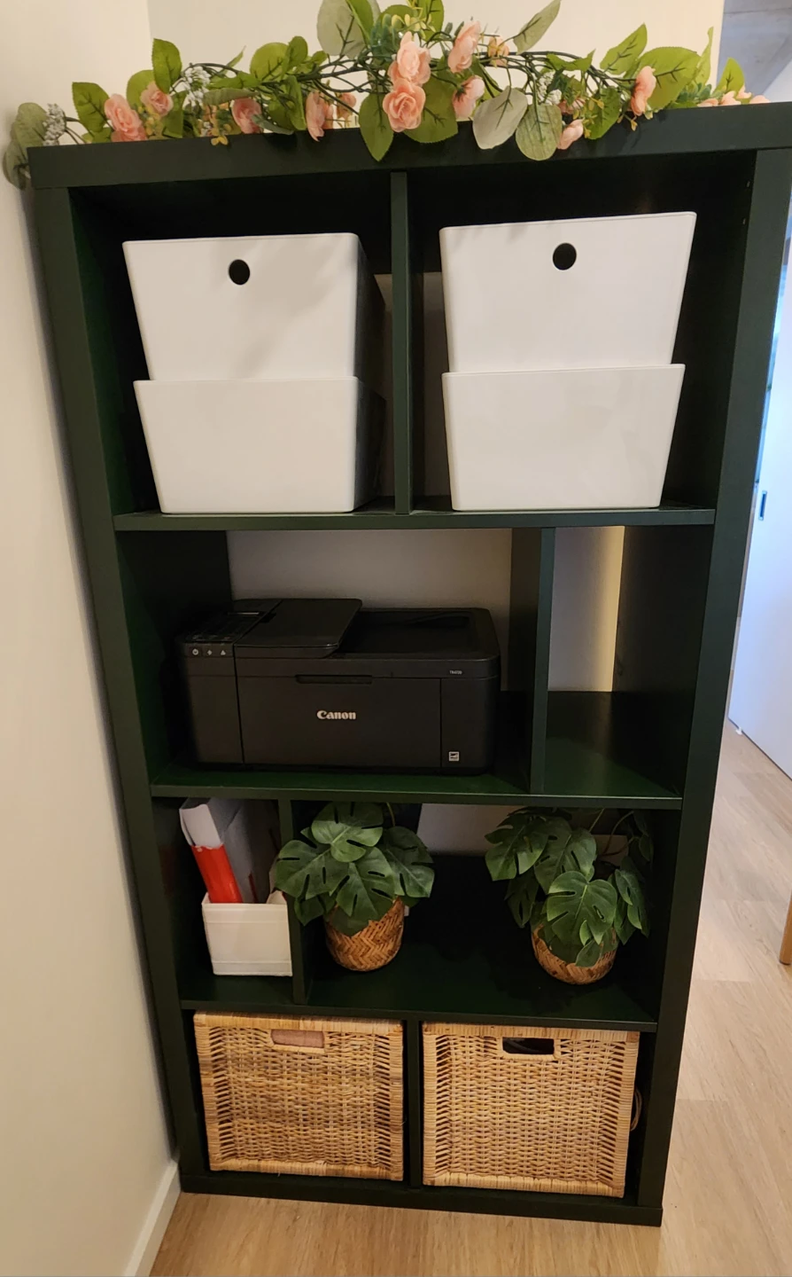 IKEA KALLAX Shelf Unit - Dark Green, Bins, Woven Basket