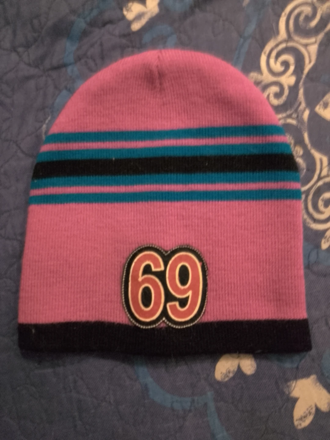 Pink Beanie with Blue and Black Stripes 🌱