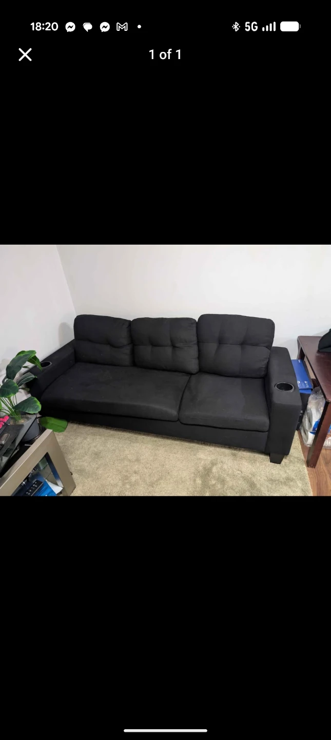 Black 3-Seater Sofa with Cup Holders