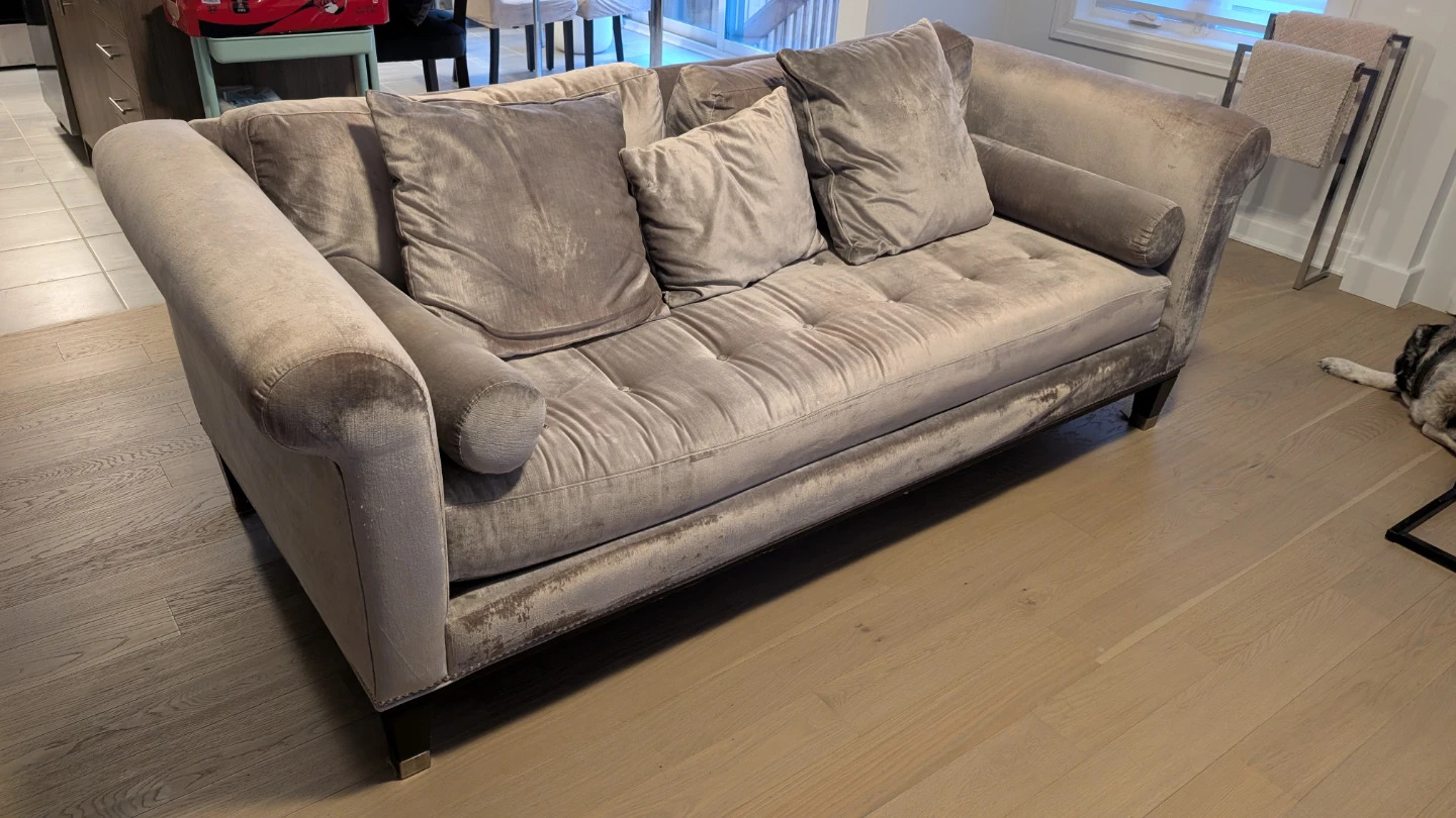 Grey Velvet Tufted Sofa with Throw Pillows