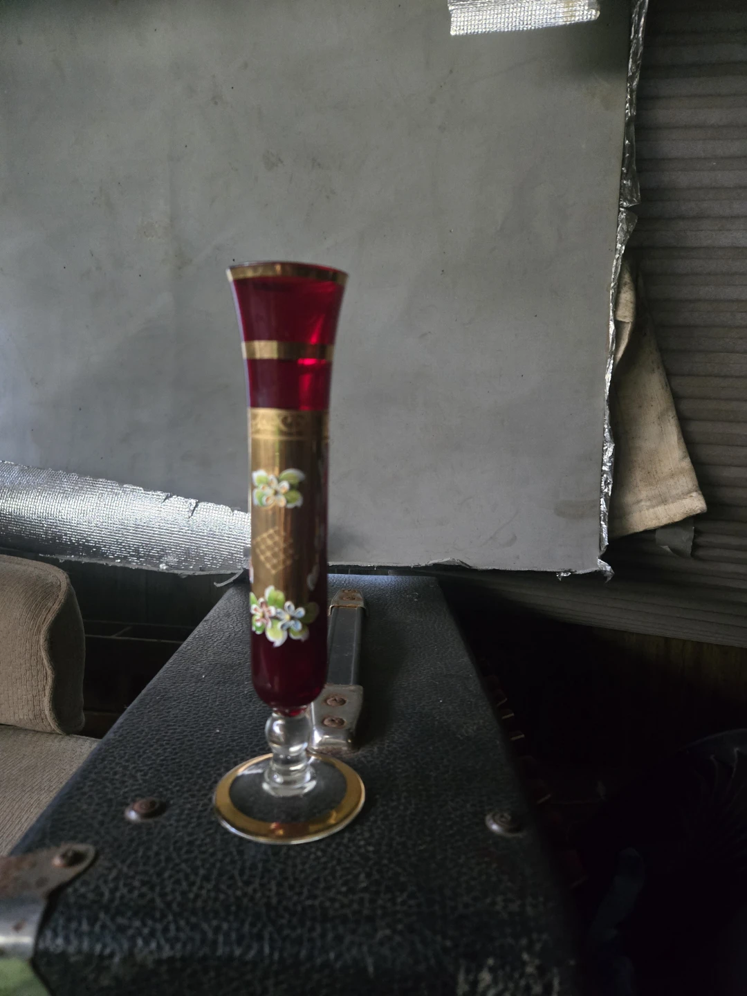 Red Glass Bud Vase with Gold Trim and Floral Design - photo 2