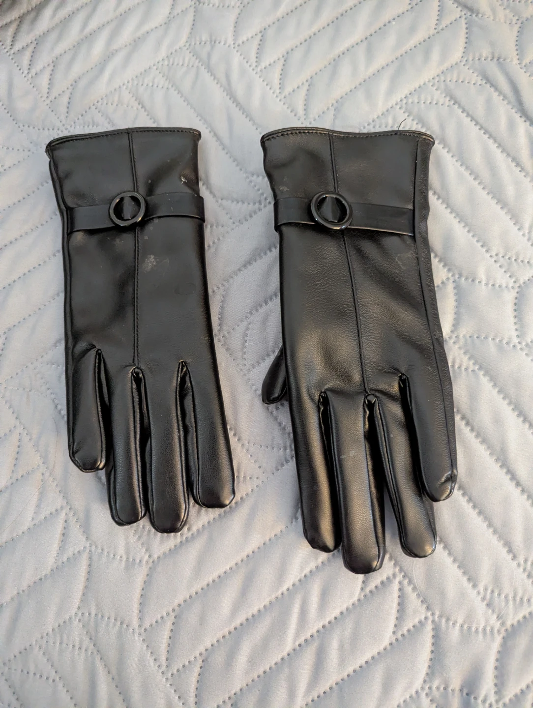 Black Faux Leather Gloves with Buckle Accent