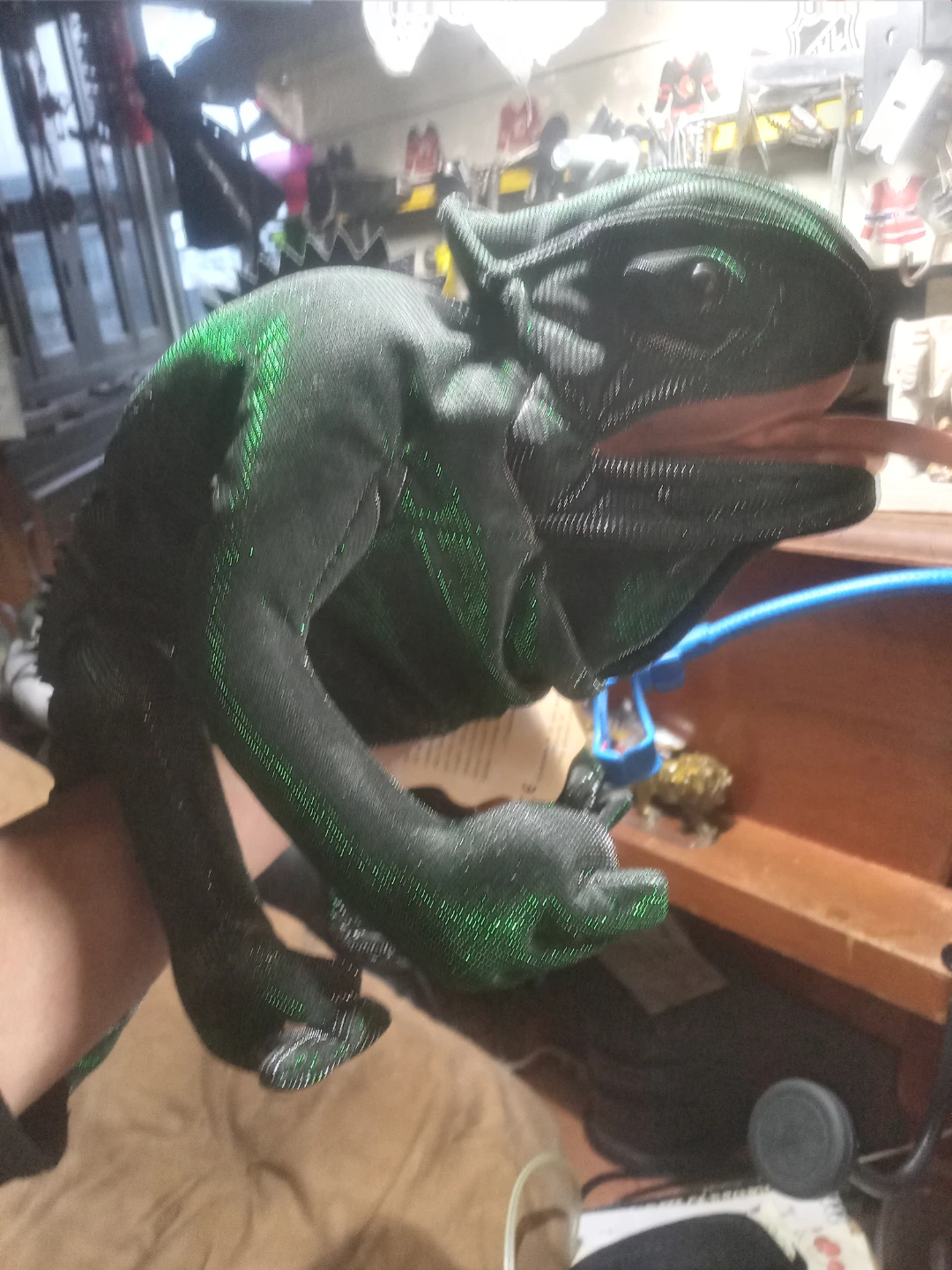 Black Chameleon Hand Puppet with Green Accents