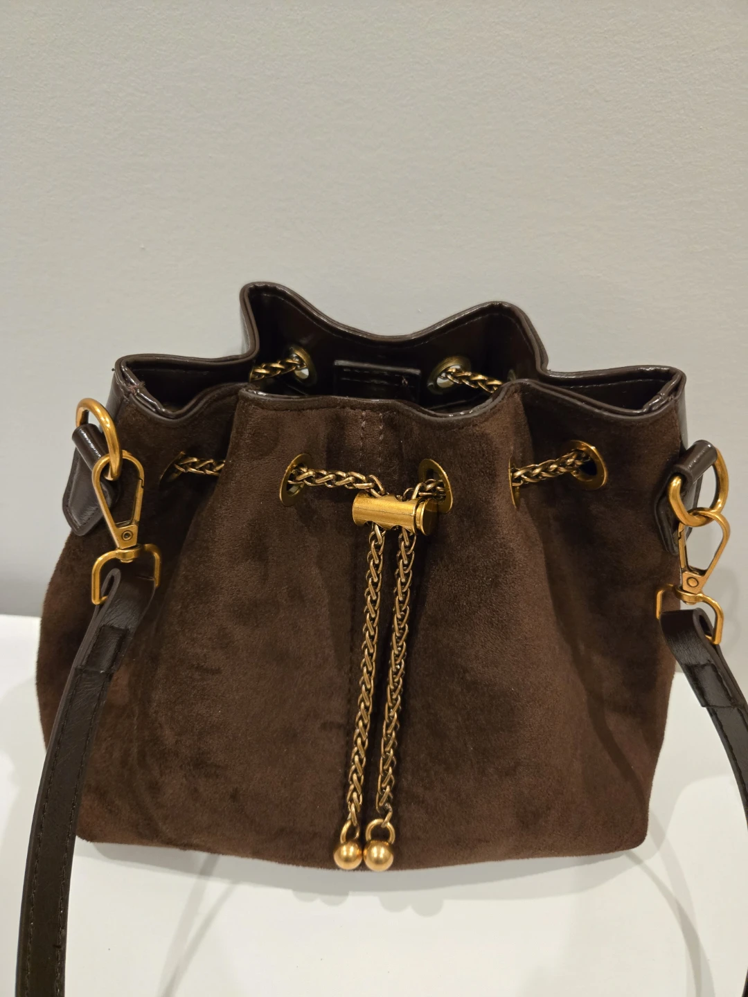 Brown Suede Bucket Bag with Gold Chain