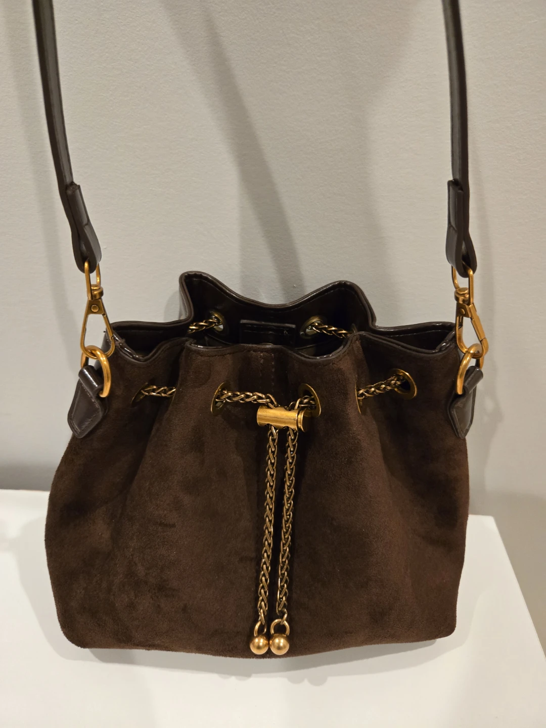Brown Suede Bucket Bag with Gold Chain - photo 2