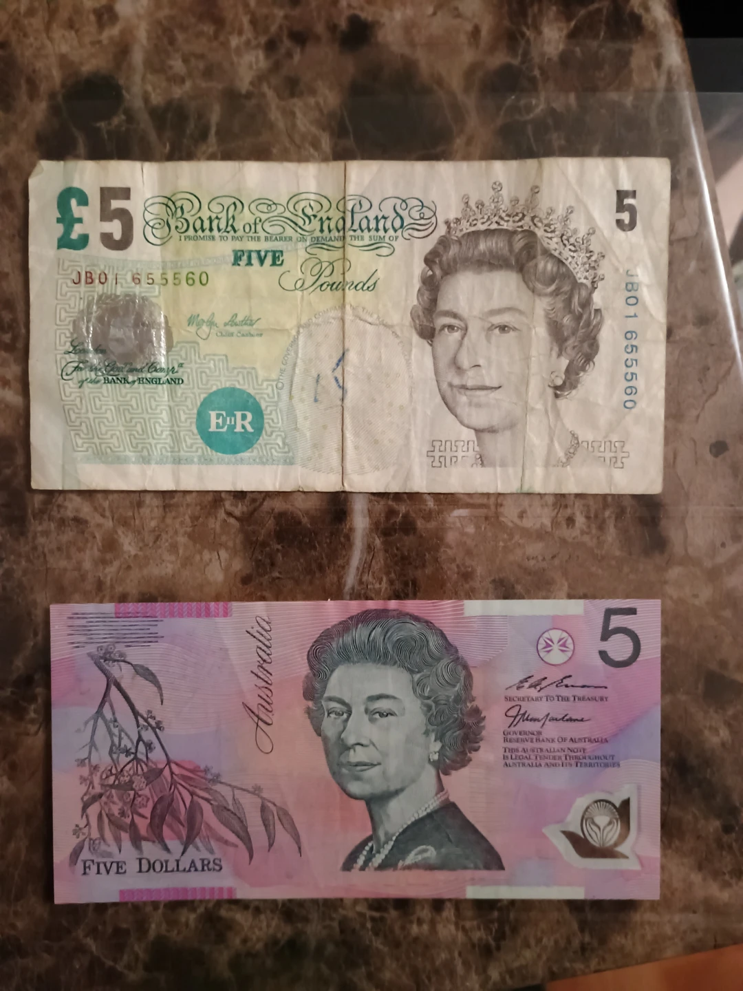 £5 Bank of England Note & $5 Australian Note
