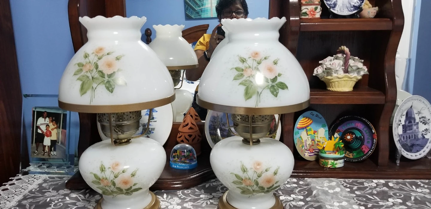 Pair of Vintage Rose Floral Milk Glass Lamps - photo 2