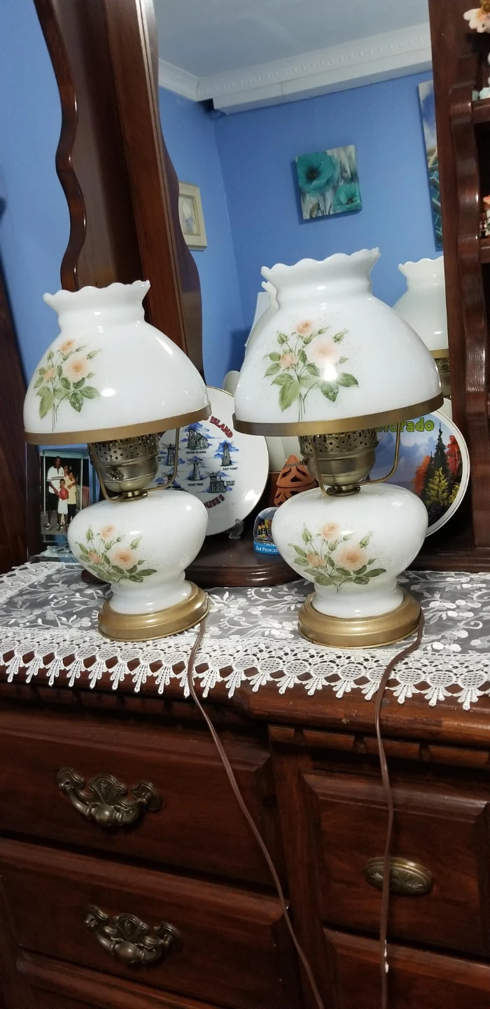 Pair of Vintage Rose Floral Milk Glass Lamps - photo 3