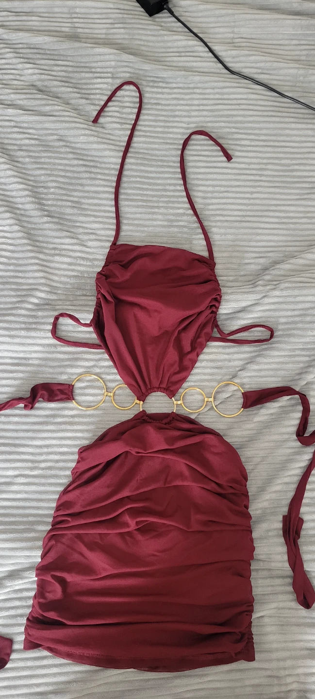 Wine red Ruched Halter Dress with Gold Ring Detail
