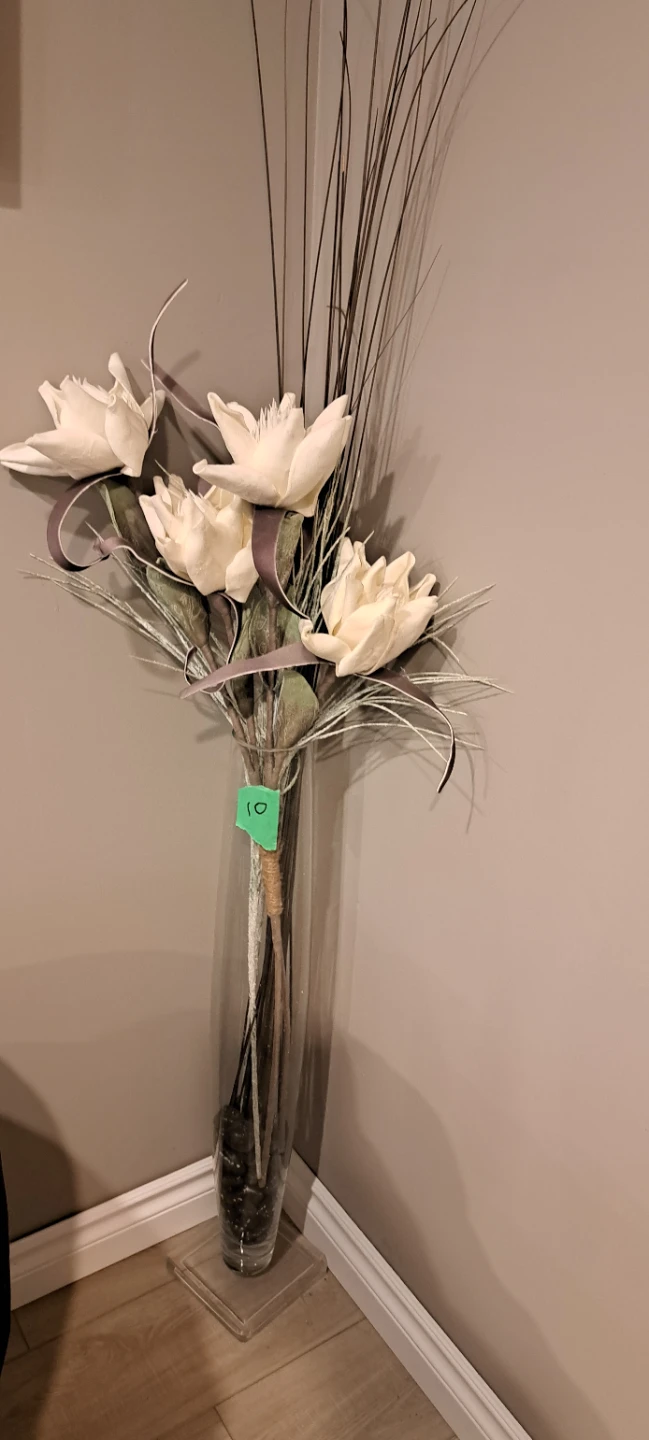 Tall Glass Vase with Faux Flowers and Grasses
