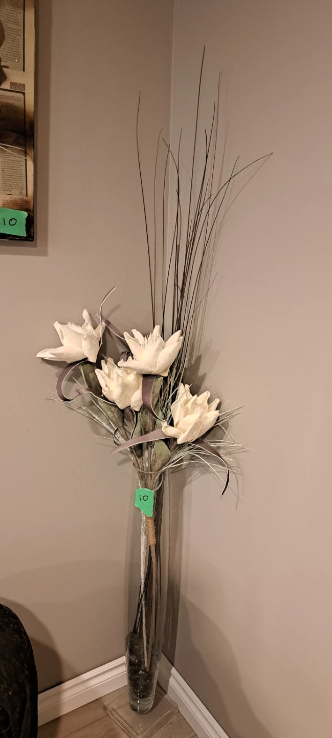 Tall Glass Vase with Faux Flowers and Grasses - photo 2