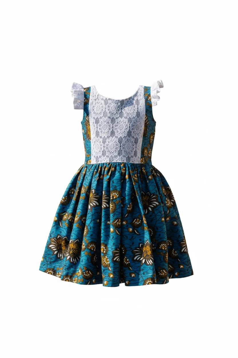 Girl's African Print Dress with Lace Accents