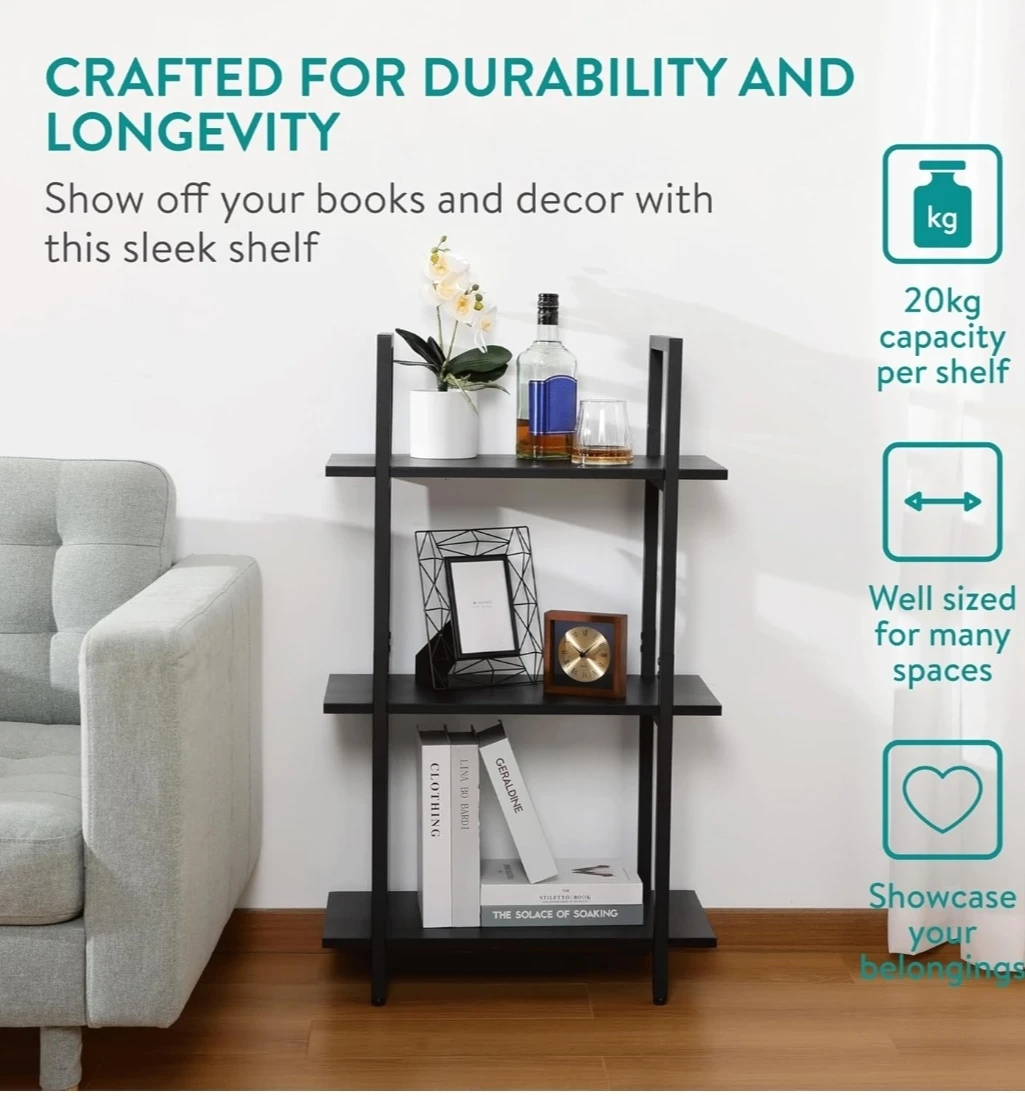 Black 3-Shelf Bookshelf with Metal Frame - photo 4