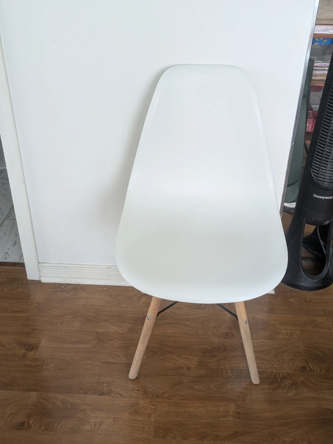 White Molded Accent Chair with Wood Legs