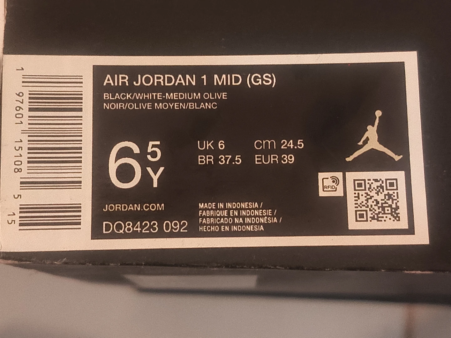 Air Jordan 1 Mid (GS) Black/White-Medium Olive Sneakers - photo 2