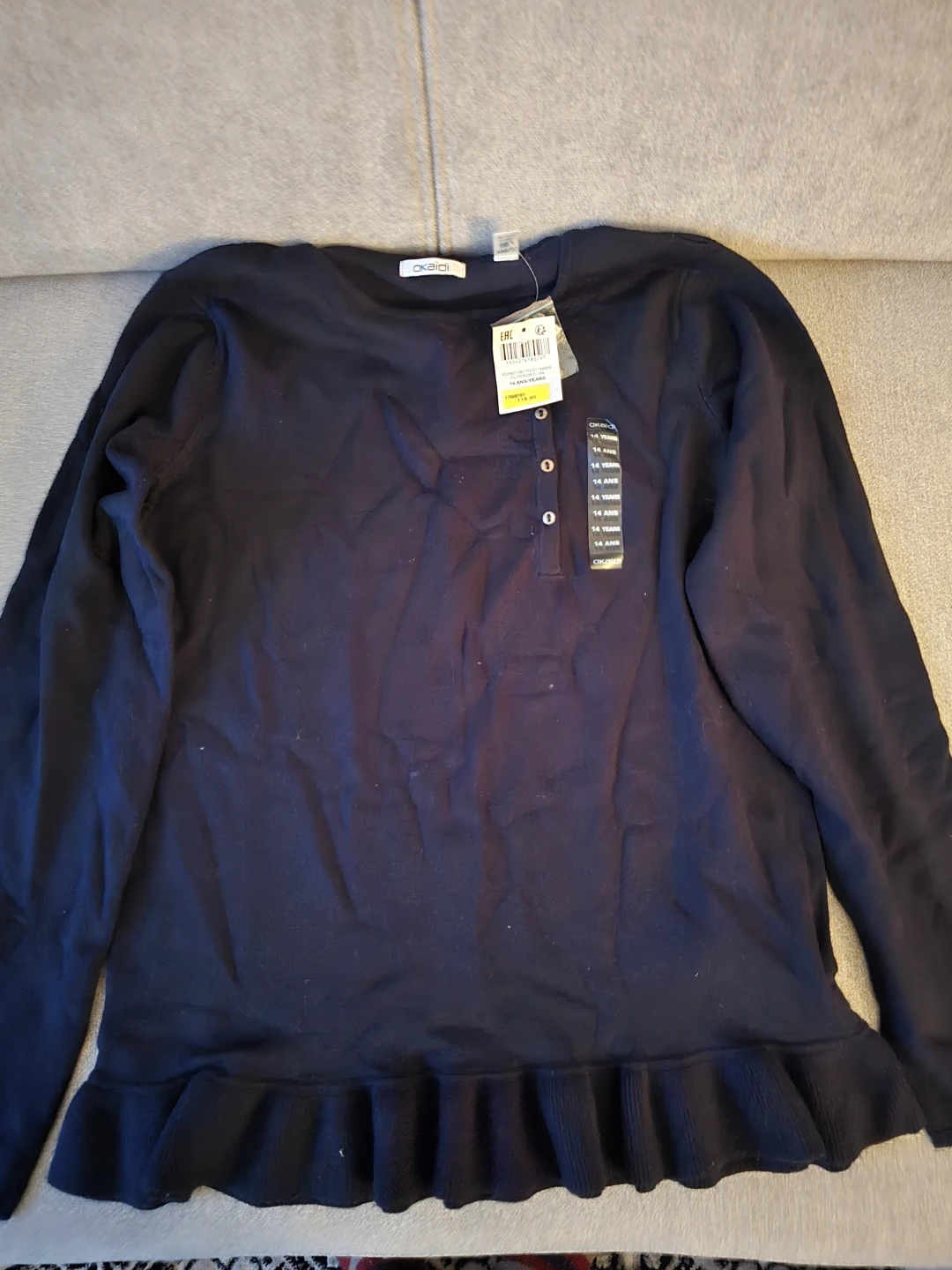 Okaïdi Navy Blue Henley Top with Ruffle Hem - Size 14A/Y
