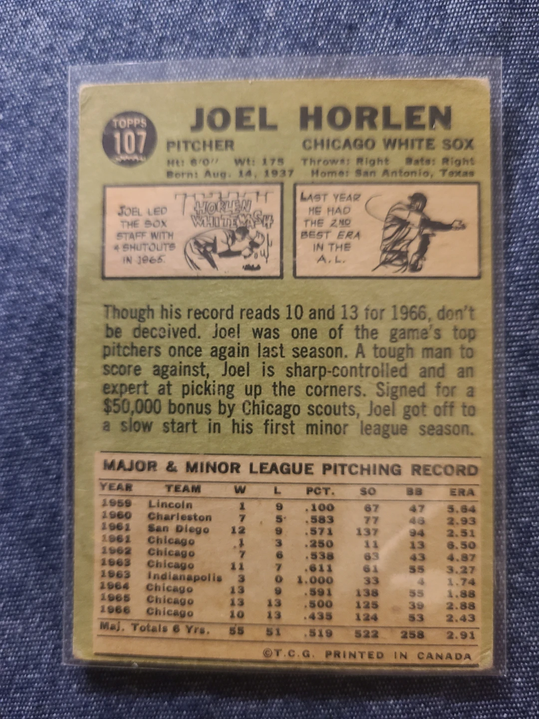 1967 Topps Joel Horlen Chicago White Sox Baseball Card - photo 2