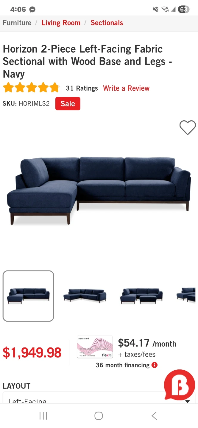 The Brick Horizon 2-Piece Left-Facing Fabric Sectional - Navy - photo 2