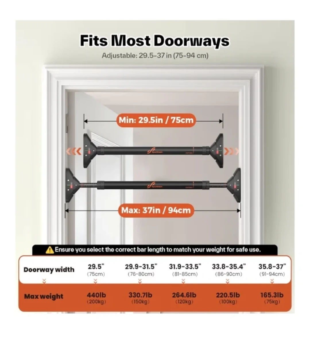 Moving sale - Sportneer Pull Up Bar - Adjustable 29.5"-37" - photo 3