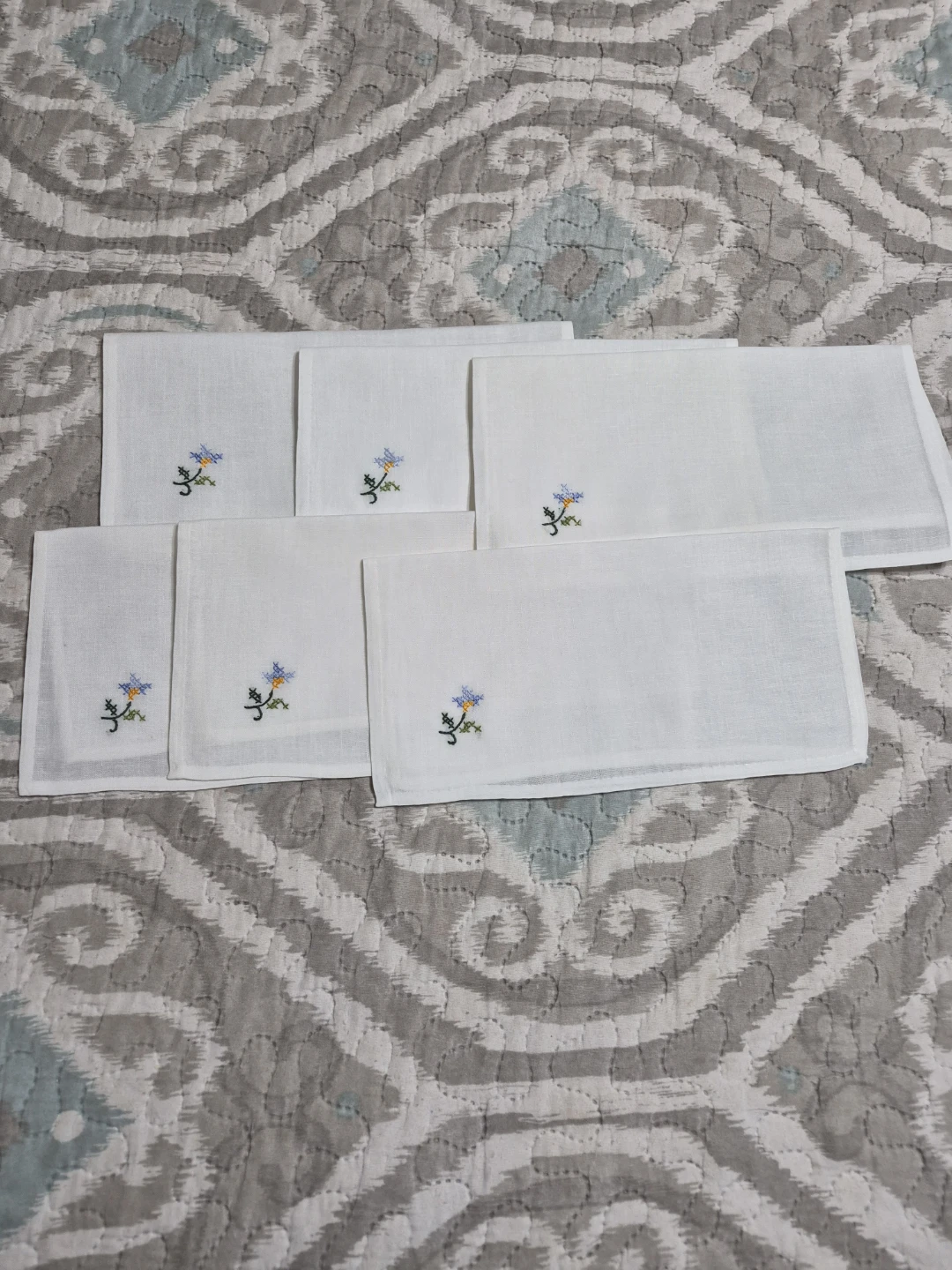Beautiful Set of 6 Vintage Hand Embroidered White Linen etc.