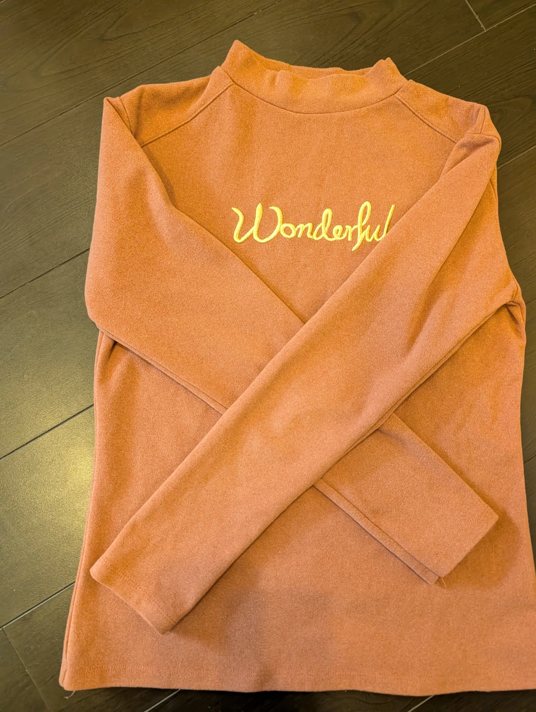 Coral Mock Neck Long Sleeve Shirt with "Wonderful" Embroidery - photo 2