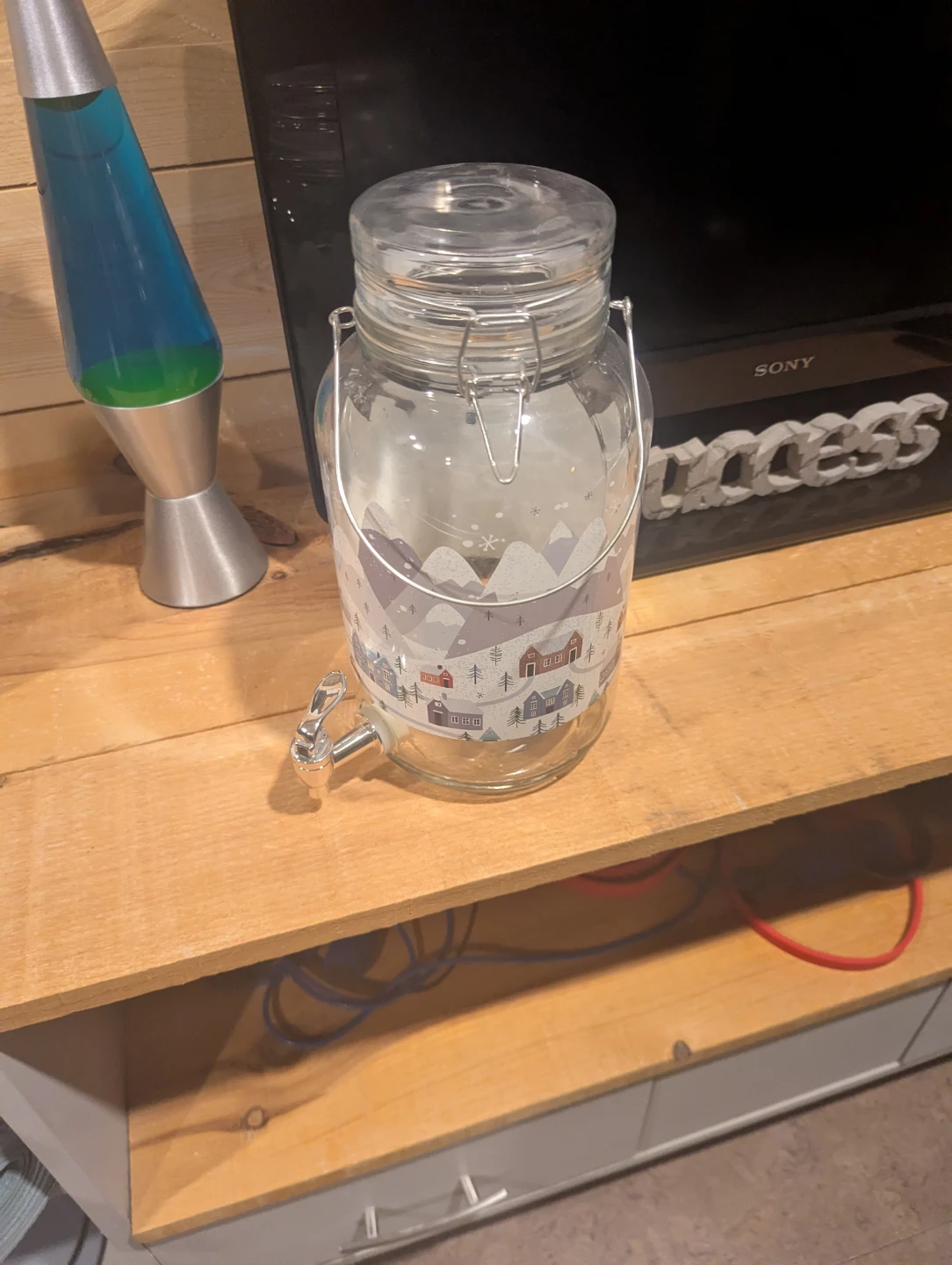 Glass Beverage Dispenser with Winter Village Design