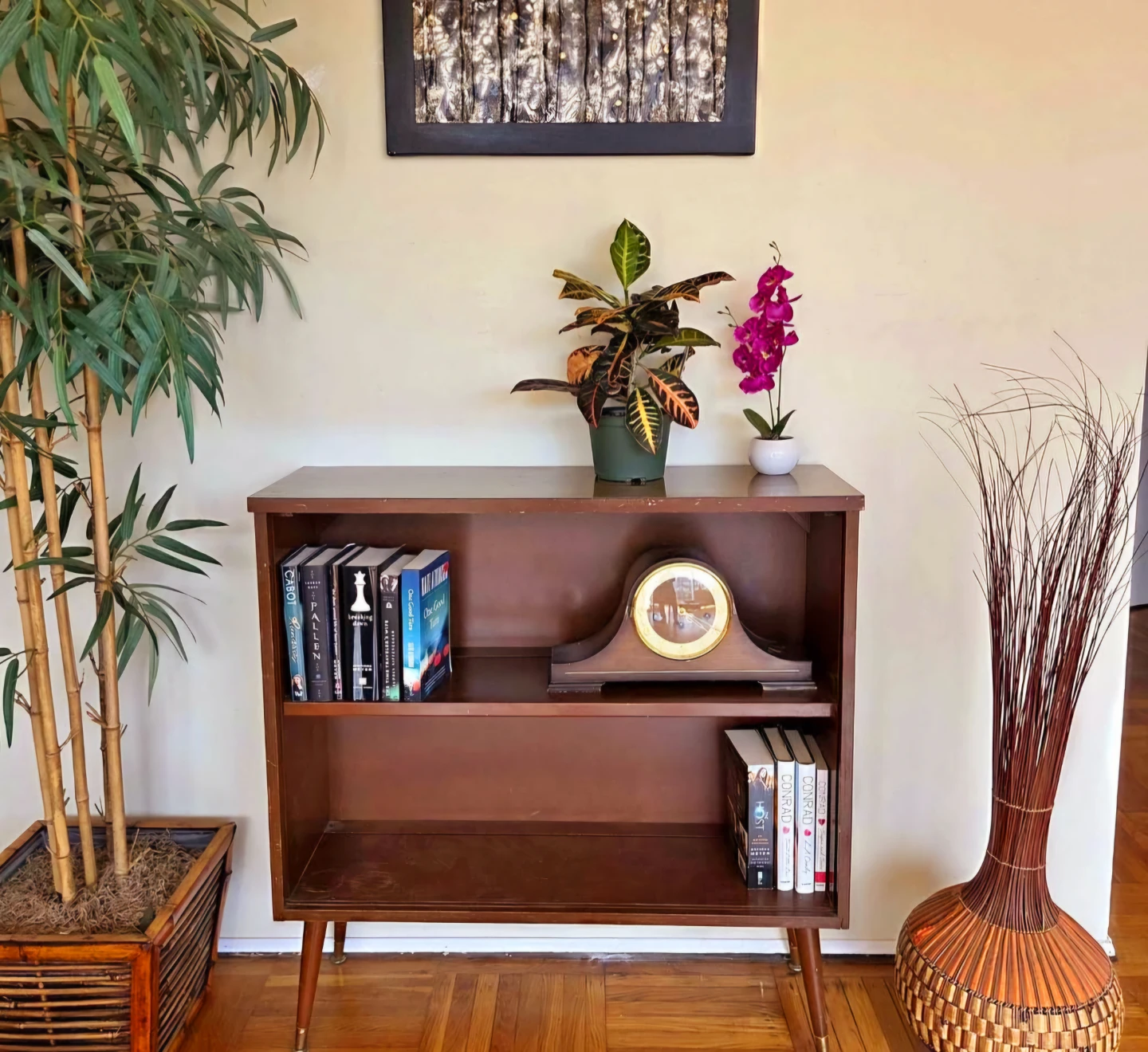MCM Walnut 2 Tier Book Shelf With Brass Accents