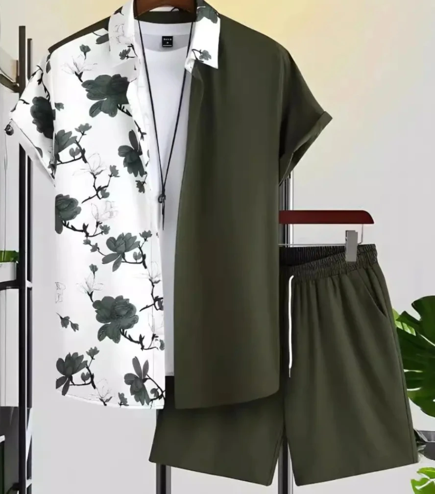 Men's Floral Print Short Sleeve Shirt and Shorts Set - photo 2