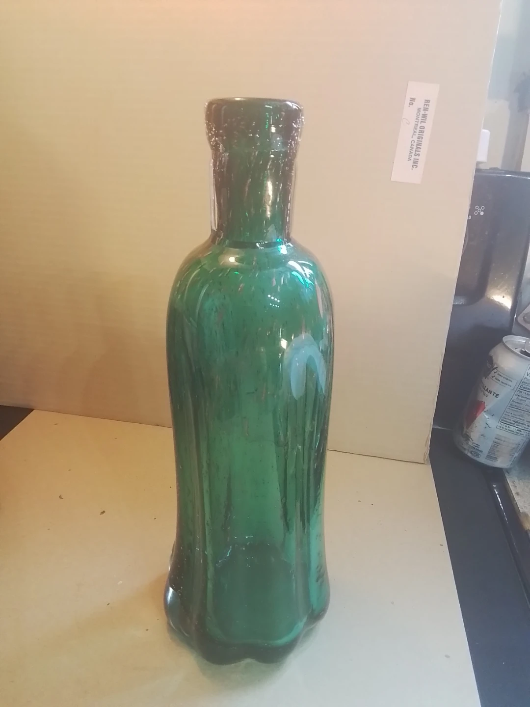 Vintage Teal Art Glass Bottle Vase 12"