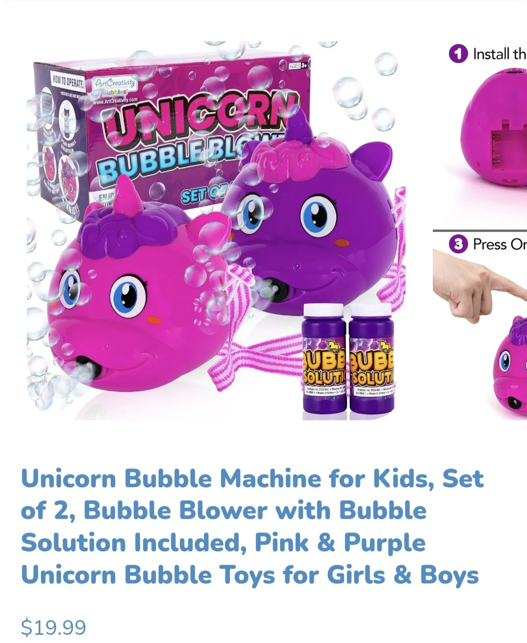 New ArtCreativity Unicorn Bubble Blower Machine Set of 2
