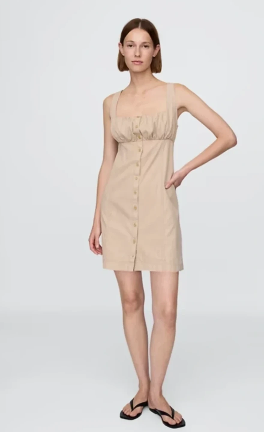 Gap Tan Button-Front Shirred Bodice Dress S/P