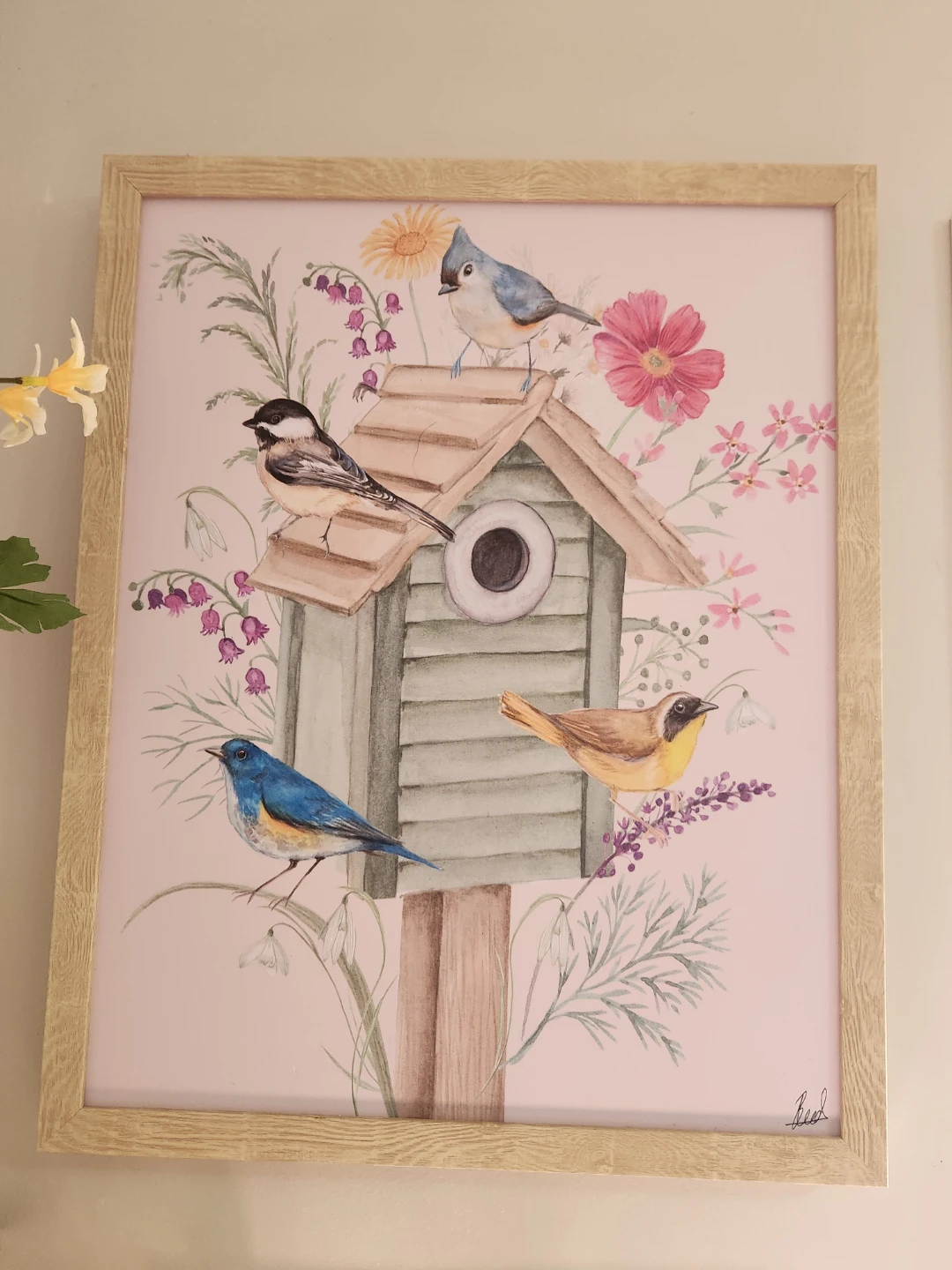 Framed Watercolour Print - Birds and Birdhouse