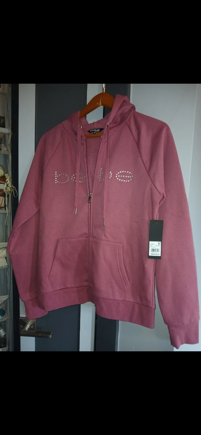 Bebe Rhinestone Logo Zip-Up Hoodie 🌱