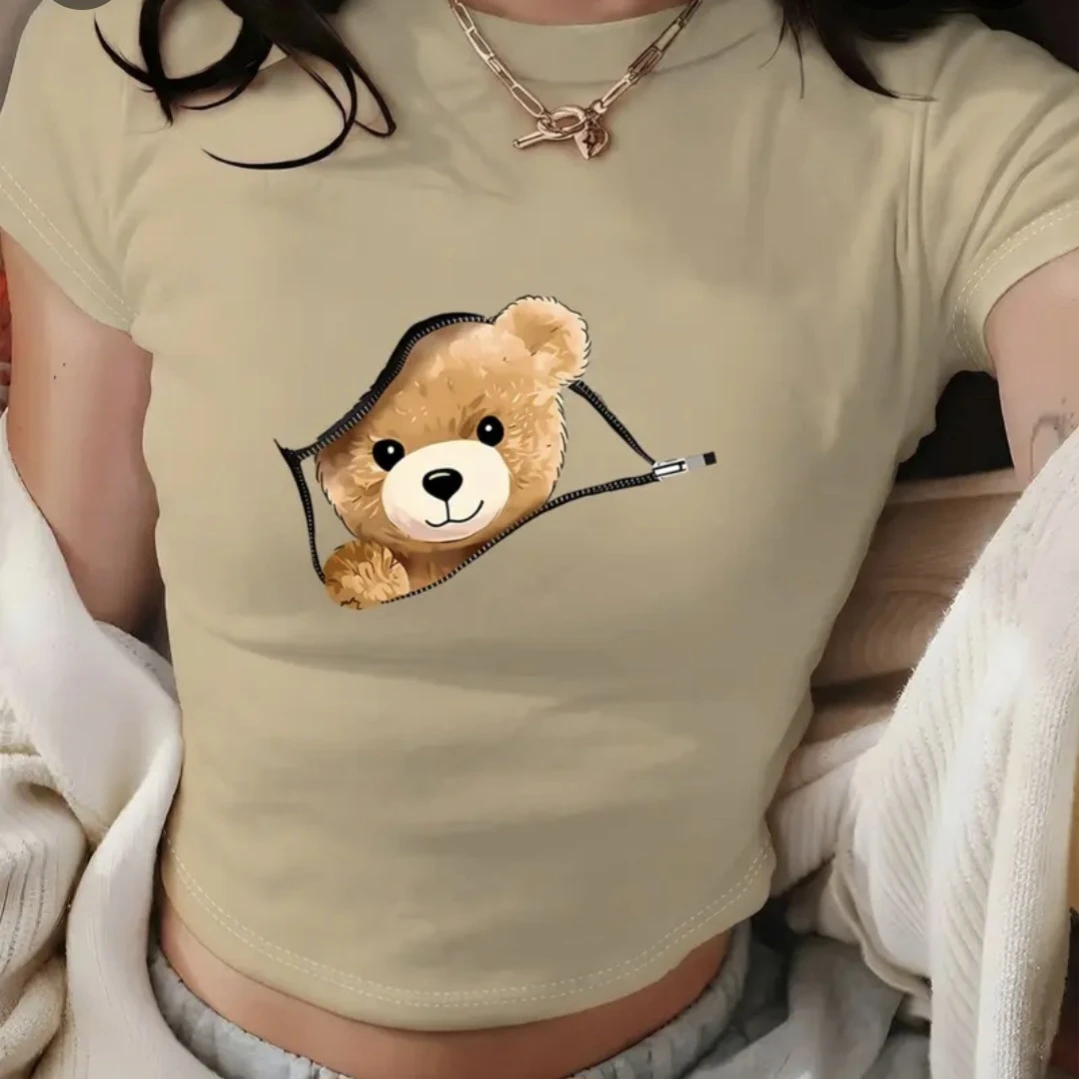 Women's Beige Teddy Bear Zip Graphic Cropped T-Shirt