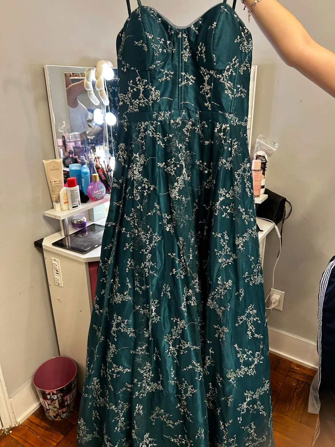 Emerald Green Formal Dress with Silver Floral Embroidery - photo 2