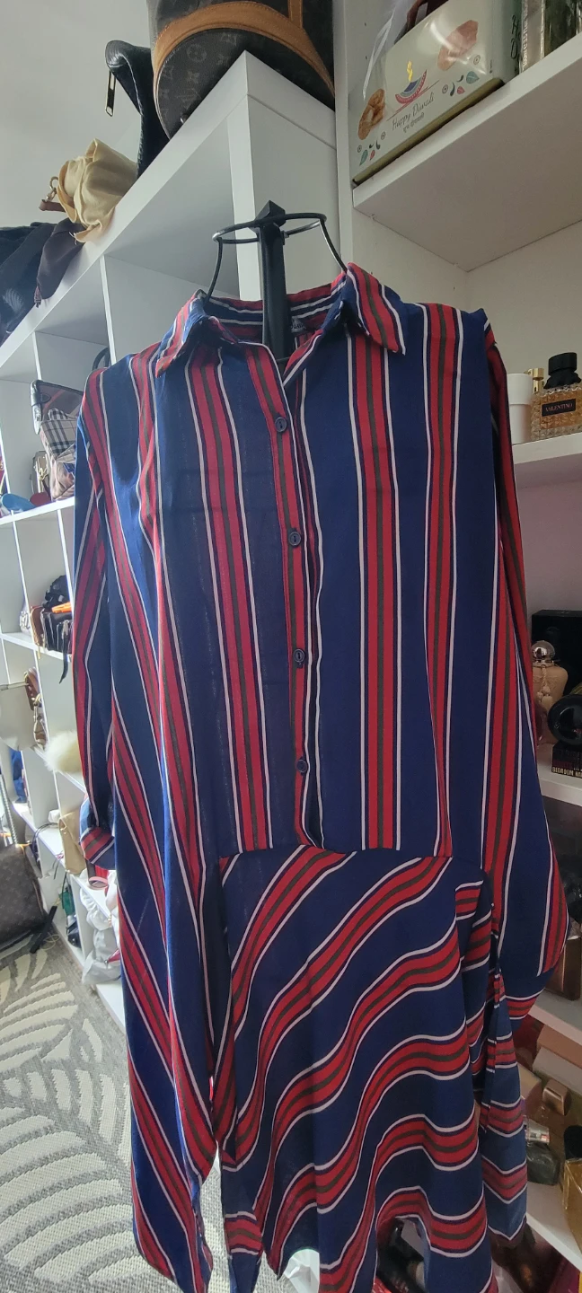 🌱 Blue, Red, and White Striped Button-Up Shirt with Tie Waist - photo 3